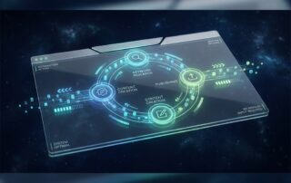 Futuristic automated SEO content platform dashboard with glowing data streams and interconnected workflow nodes