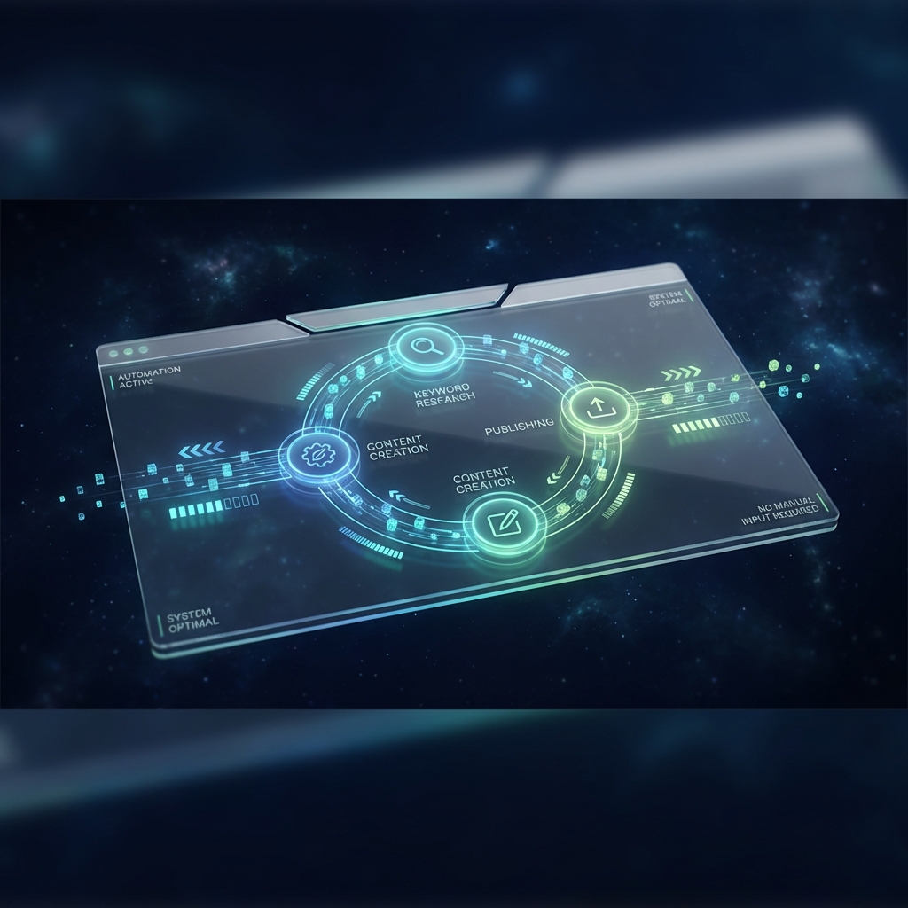 Futuristic automated SEO content platform dashboard with glowing data streams and interconnected workflow nodes