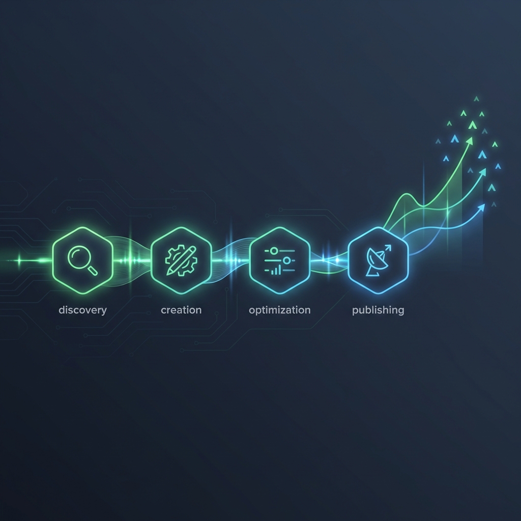 Glowing automated SEO blog content workflow pipeline illustration representing an SEO blog automation platform
