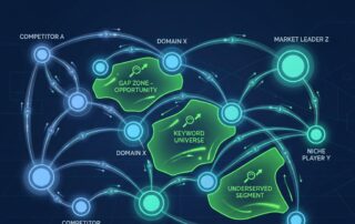 Competitor keyword gap analysis tool visualized as an automated network map revealing organic traffic opportunities