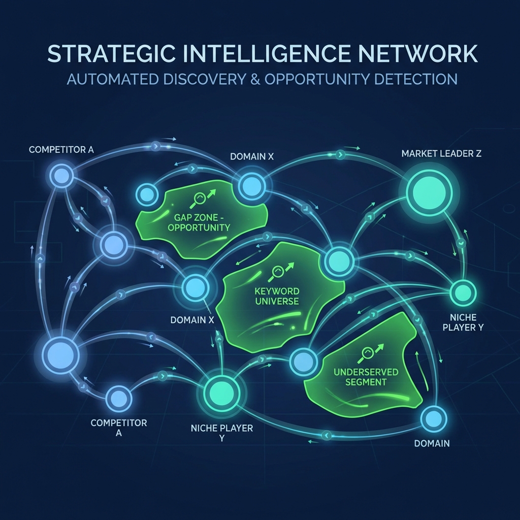 Competitor keyword gap analysis tool visualized as an automated network map revealing organic traffic opportunities