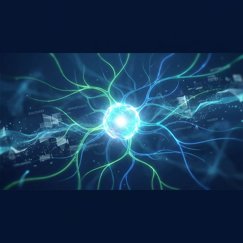 Glowing neural network visualization representing keyword discovery automation uncovering hidden SEO opportunities