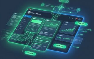 Automated WordPress blog publishing dashboard with glowing workflow connections illustrating hands-off content automation