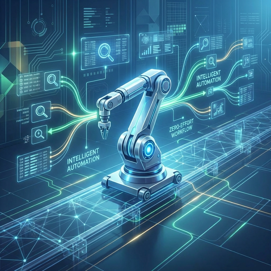 Stylized illustration of autonomous AI automation system with data flows, representing what SEO automation looks like in 2026