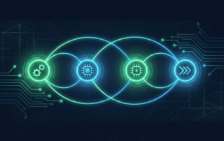 Stylized illustration showing how automated SEO content works as a glowing four-step pipeline