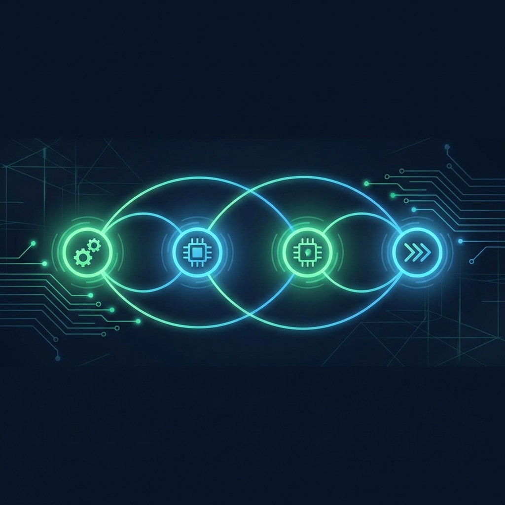 Stylized illustration showing how automated SEO content works as a glowing four-step pipeline