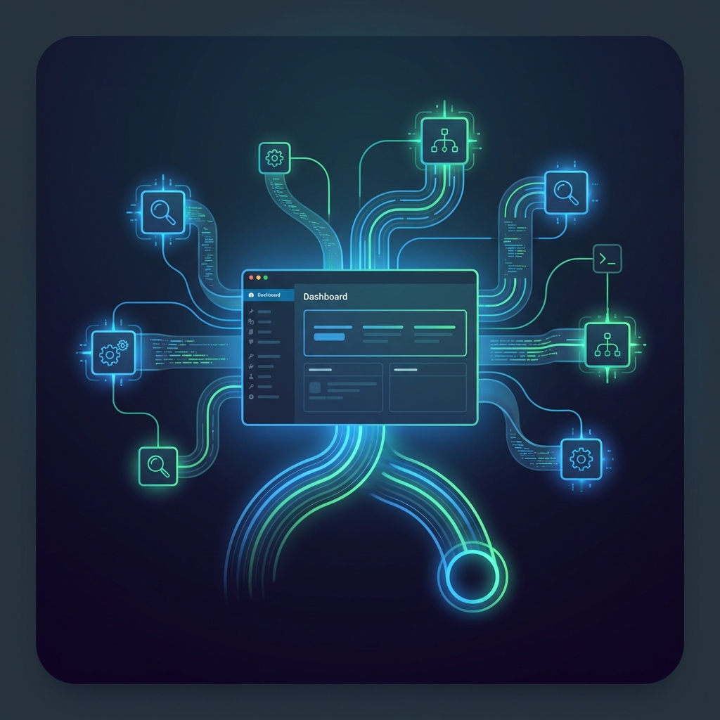 Stylized illustration of automated WordPress SEO publishing dashboard with glowing data streams representing Yoast and Rank Math integration