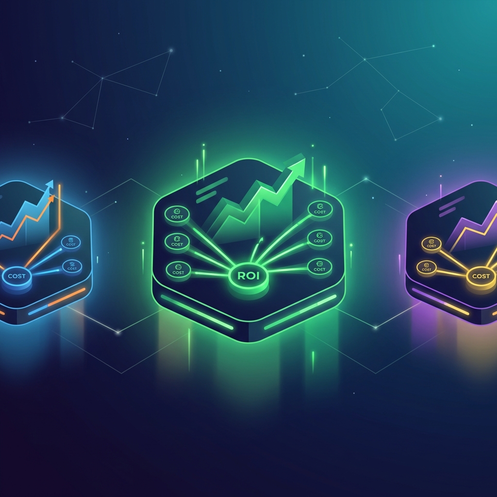 SEO content ROI calculator comparing automated, agency, and in-house cost models with glowing dashboard visuals