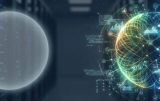 Conceptual illustration showing generic AI versus SEO content generation with business context as glowing orbs