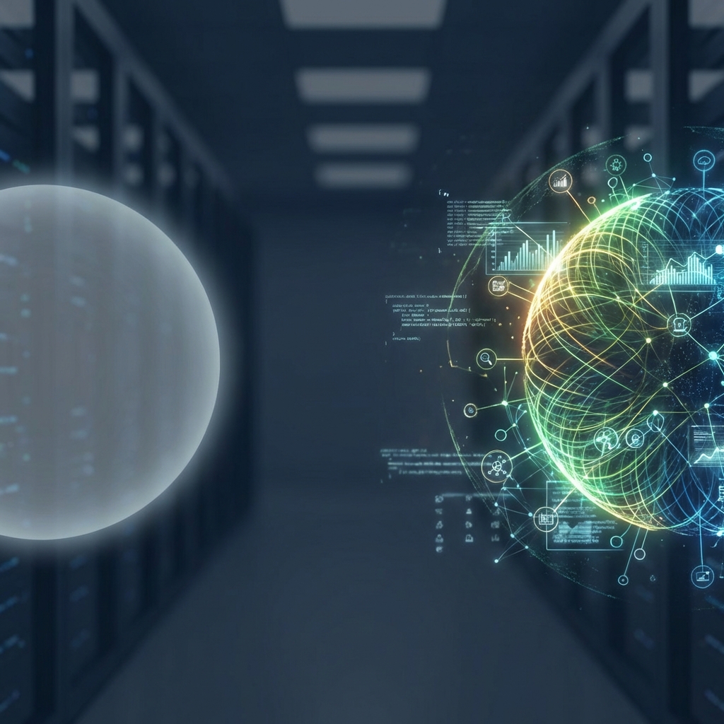 Conceptual illustration showing generic AI versus SEO content generation with business context as glowing orbs Conceptual illustration showing generic AI versus SEO content generation with business context as glowing orbs