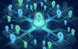 Franchise SEO content automation network map showing 100+ connected location nodes with glowing data streams