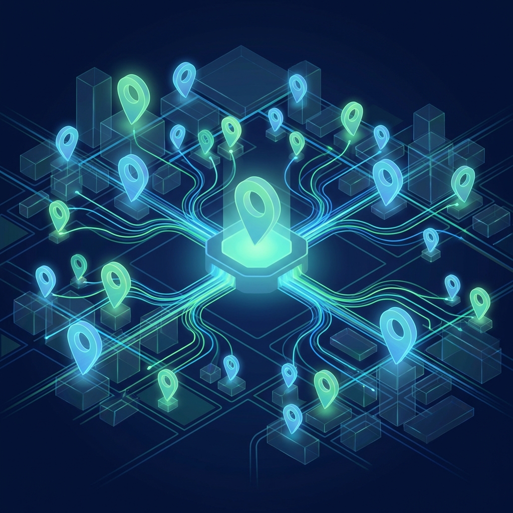 Franchise SEO content automation network map showing 100+ connected location nodes with glowing data streams