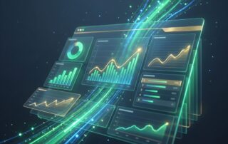 Automated SEO reporting dashboard with glowing analytics charts and upward trend lines