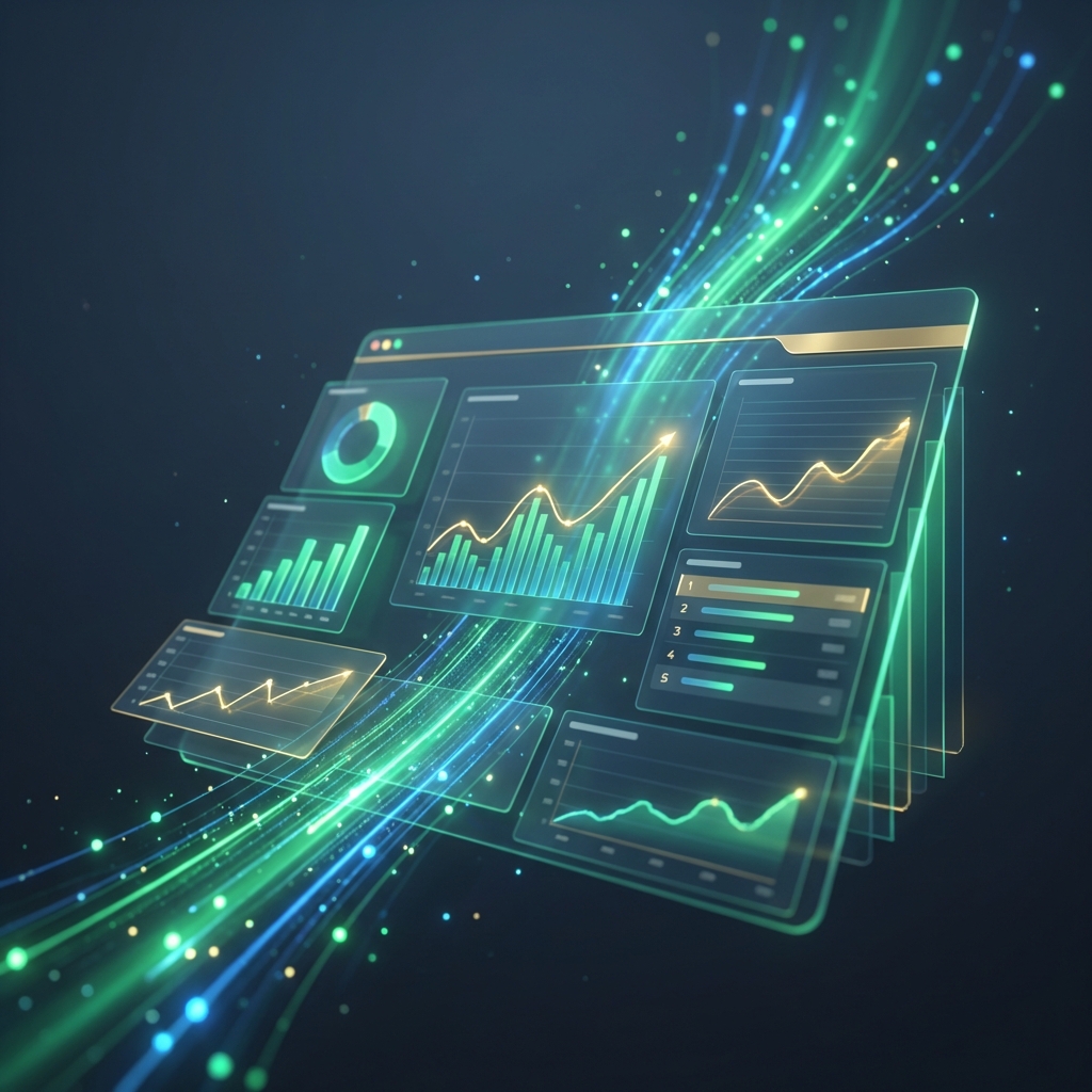 Automated SEO reporting dashboard with glowing analytics charts and upward trend lines