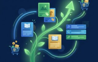 Illustration showing blog content driving organic traffic growth for e-commerce, with upward arrows and connected content nodes