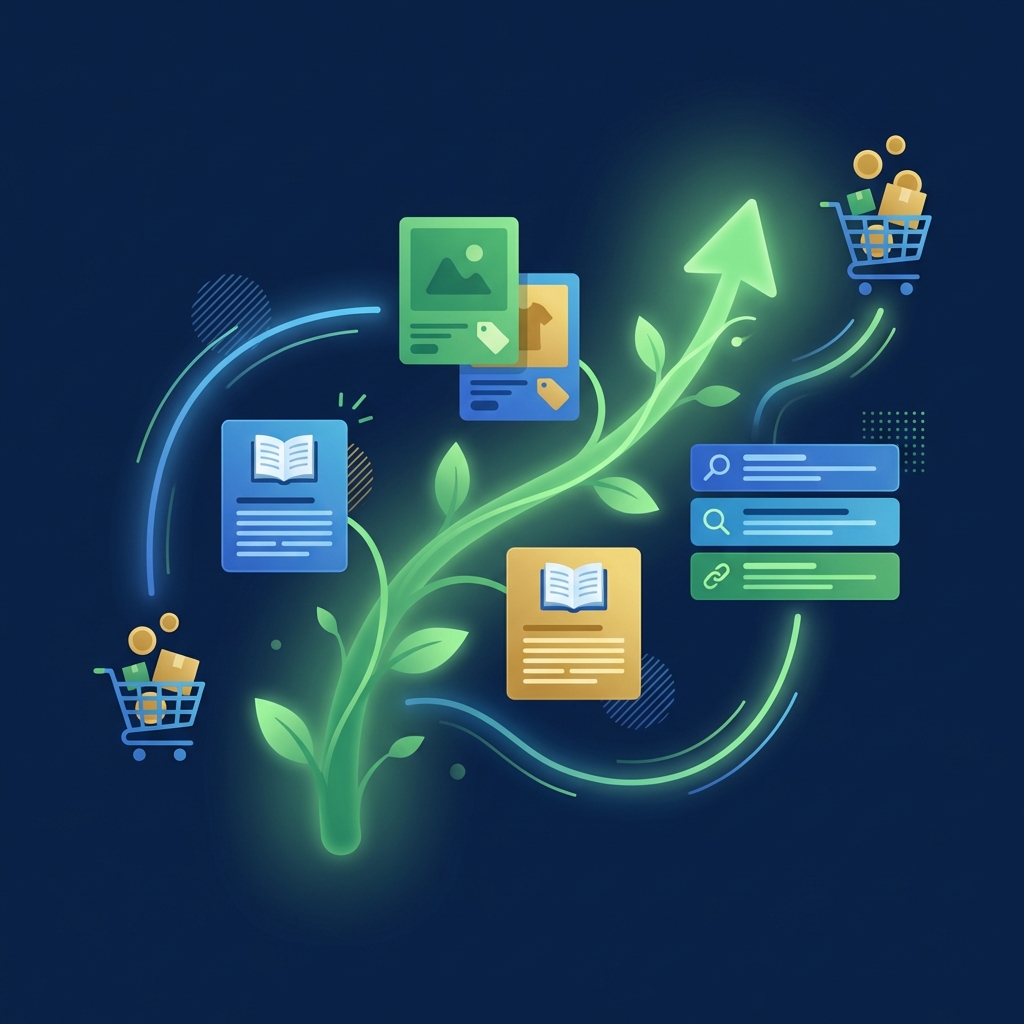 Illustration showing blog content driving organic traffic growth for e-commerce, with upward arrows and connected content nodes