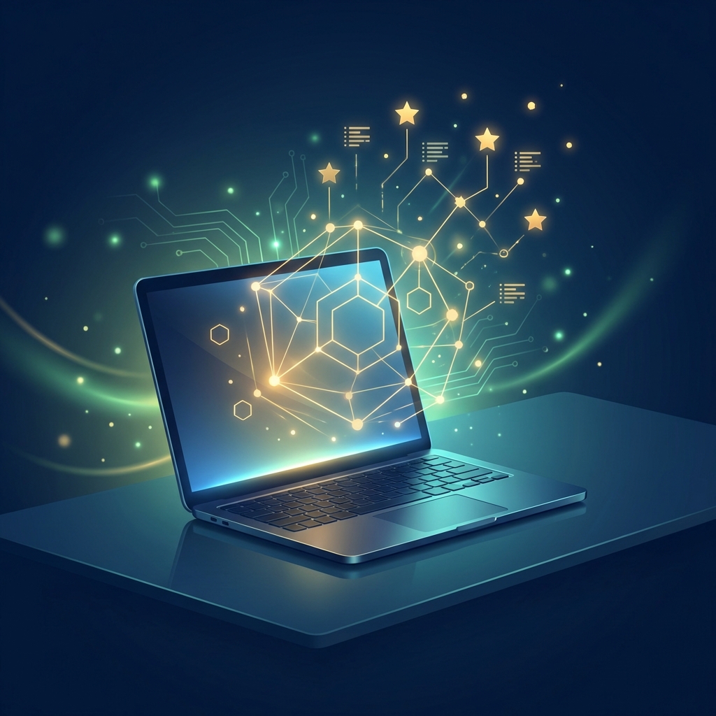 Schema markup automation for blogs visualized as a glowing structured data network producing rich search result stars