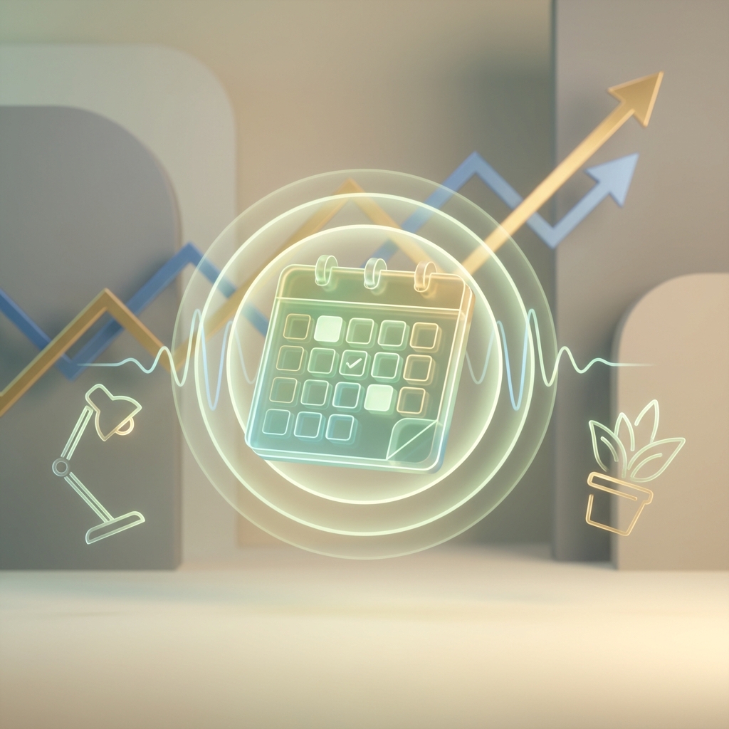 Glowing content calendar with growth lines illustrating SEO content publishing frequency best practices