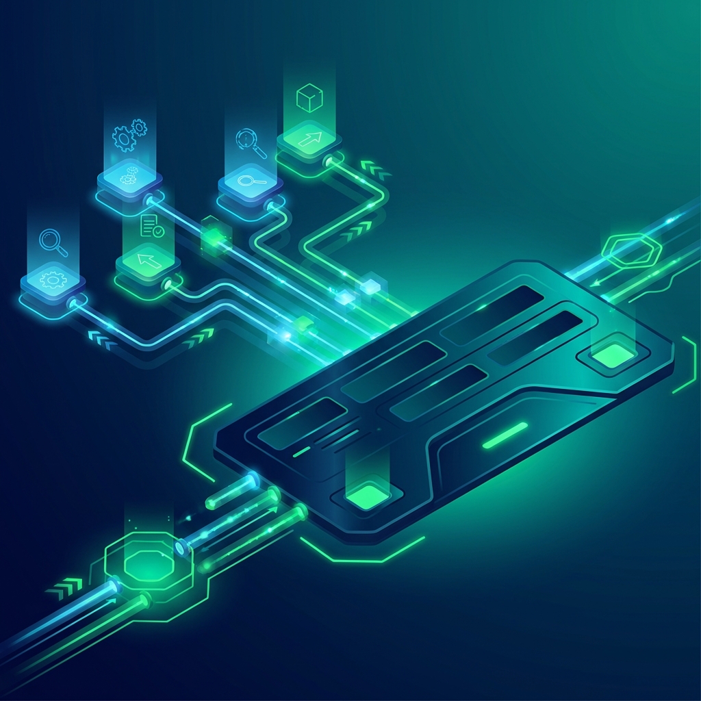 Stylized illustration of automated SEO metadata fields populating in a CMS dashboard, representing Rank Math integration for automated content.