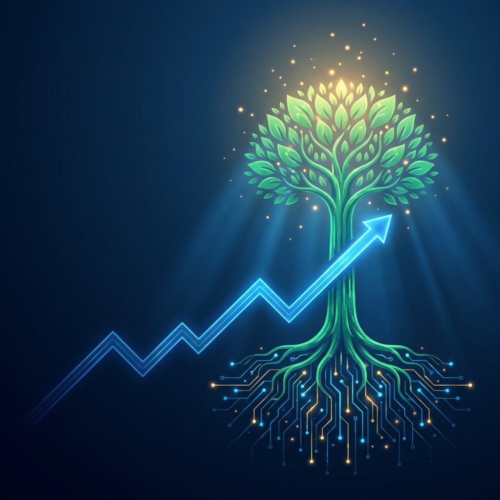 Compounding organic traffic strategy visualized as a growing data tree with glowing upward trend lines over 36 months