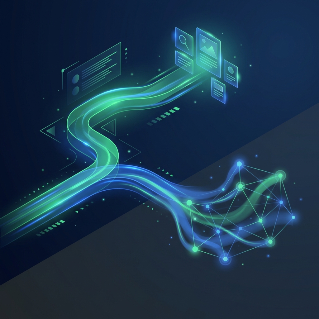 Illustration showing how AI is changing SEO in 2026 with two diverging digital pathways representing the Great Decoupling