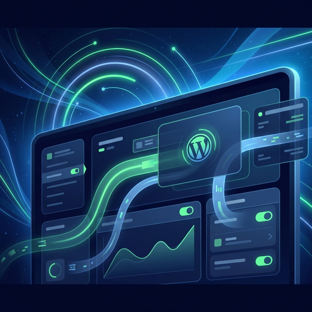 Stylized illustration of automated WordPress SEO plugin fields populating seamlessly, representing Yoast SEO plugin automation.