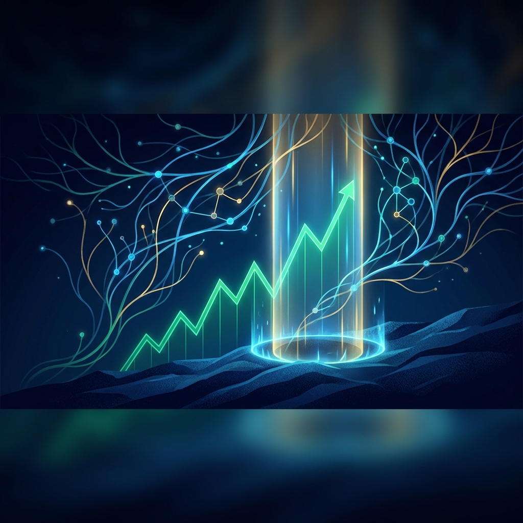 Glowing growth chart with interconnected nodes illustrating an SEO content strategy for SaaS growth and organic moat building.