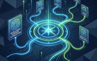 Stylized illustration of an AI blog post generator with SEO optimization layers shown as glowing connected rings