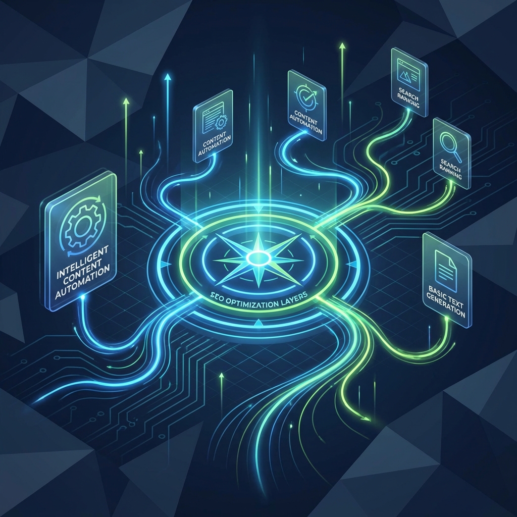 Stylized illustration of an AI blog post generator with SEO optimization layers shown as glowing connected rings