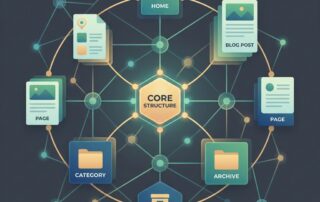 Glowing network diagram showing automated internal linking for WordPress connecting isolated content nodes into an organized structure.