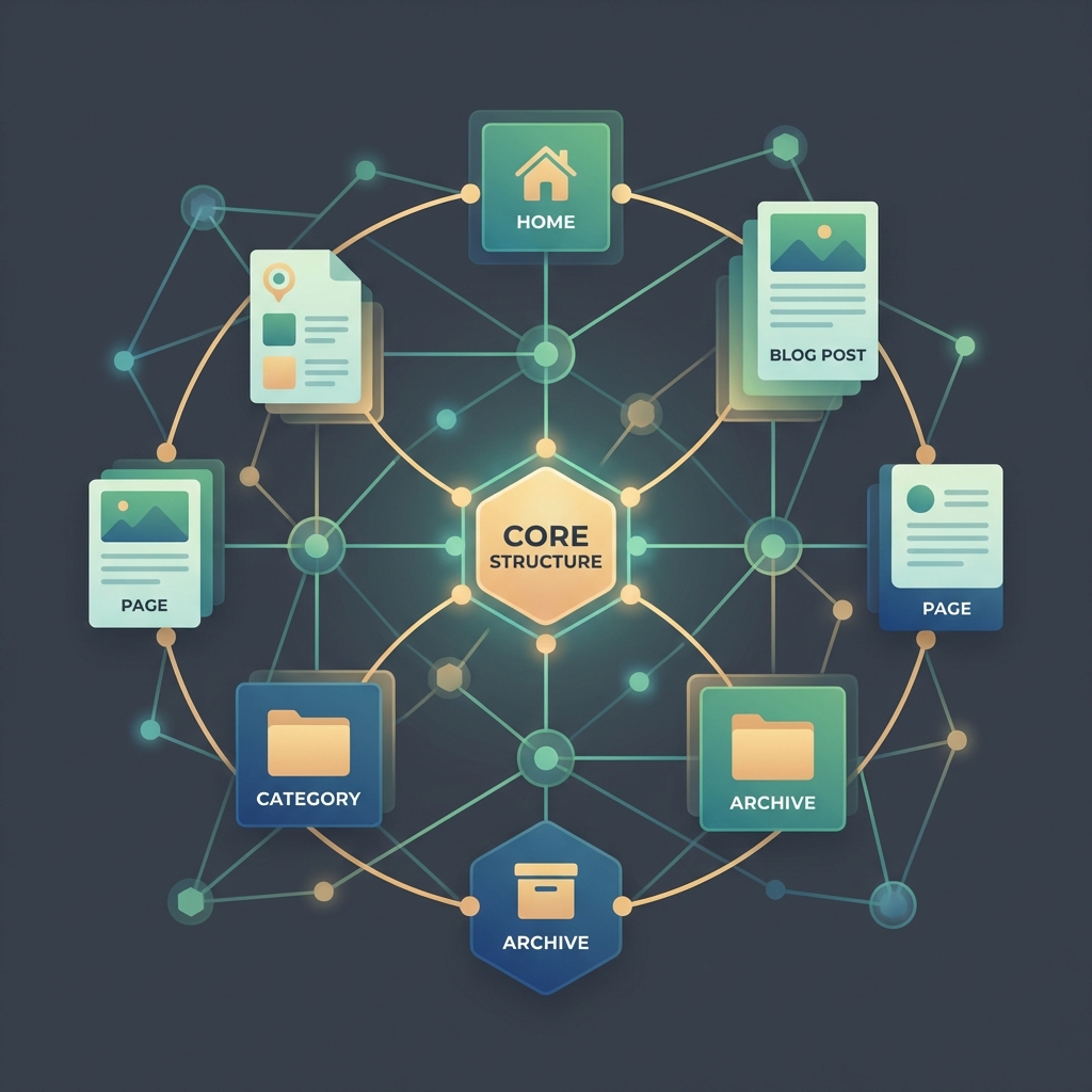 Glowing network diagram showing automated internal linking for WordPress connecting isolated content nodes into an organized structure.