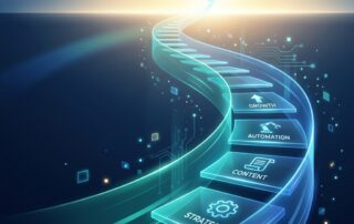 Glowing staircase framework illustration representing an automated content strategy for growing brands