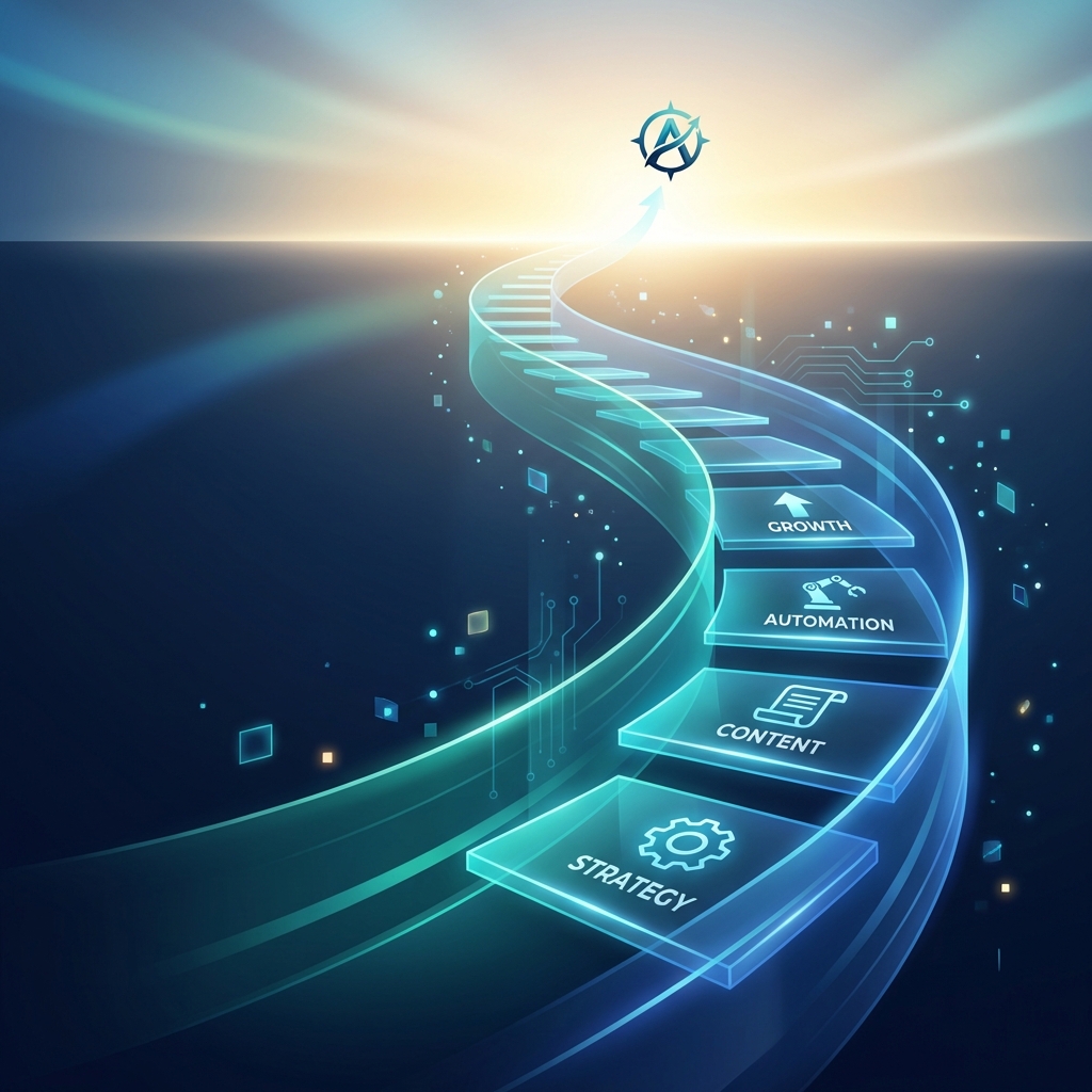 Glowing staircase framework illustration representing an automated content strategy for growing brands Glowing staircase framework illustration representing an automated content strategy for growing brands