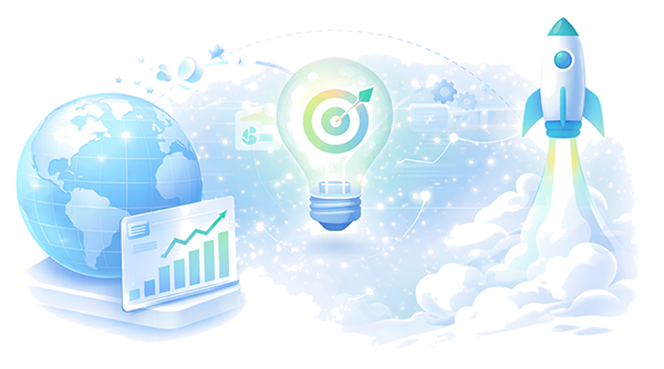 illustration of how kozec works with a globe and improving stats next to a lightbulb with targeted ideas