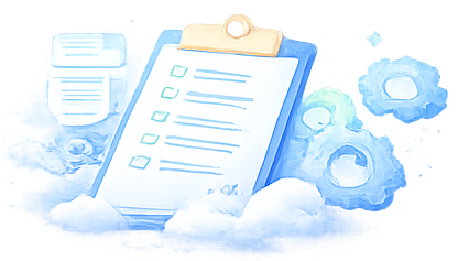 illustration of a clipboard with a checklist and settings gear icons
