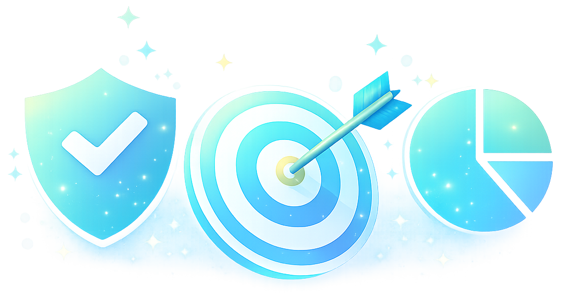 kozec pricing illustration with on point checkmark, targeted content and improved statistic graphs