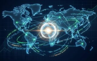 Glowing global network map representing multi-language SEO content automation across international markets