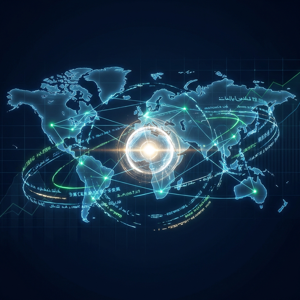 Glowing global network map representing multi-language SEO content automation across international markets