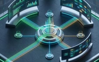 Stylized illustration of a white label SEO content platform for agencies showing multi-client dashboard architecture