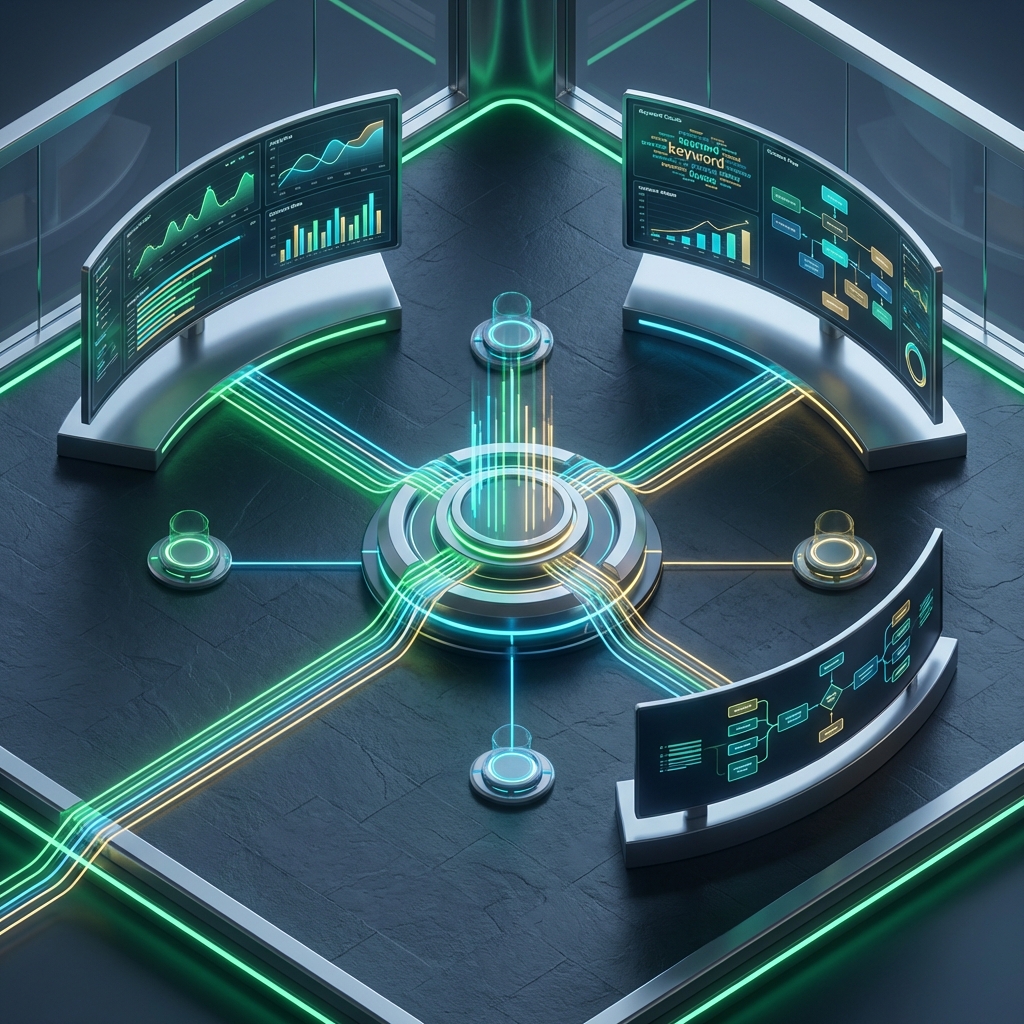 Stylized illustration of a white label SEO content platform for agencies showing multi-client dashboard architecture