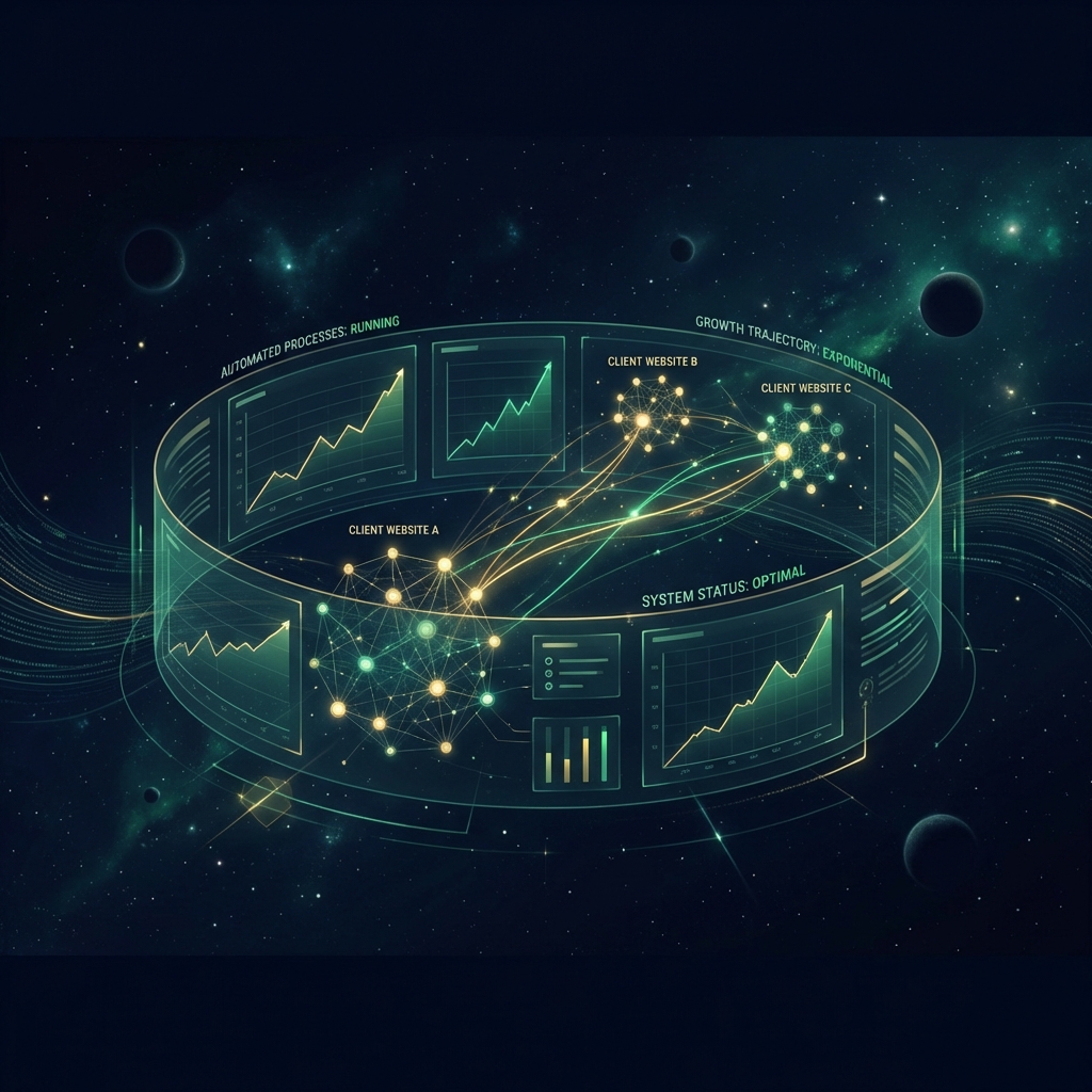 SEO automation tools for marketing agencies shown as a glowing multi-client dashboard managing scale without headcount