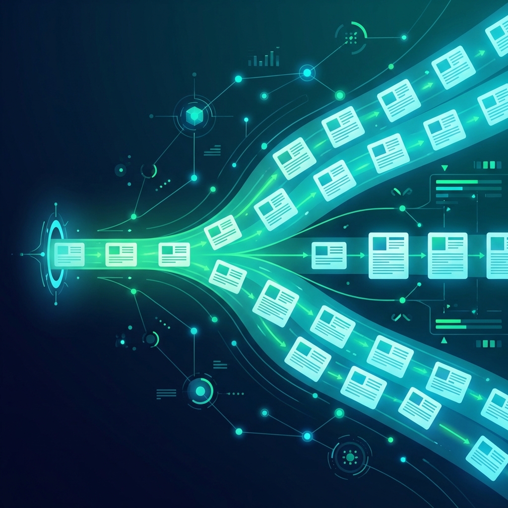 Illustration showing how to scale SEO content production from a trickle to a steady daily publishing flow