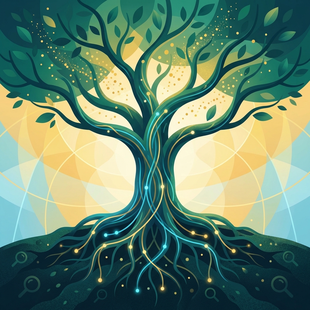 Glowing digital tree representing organic traffic growth without paid ads, with data-root network and expanding branches