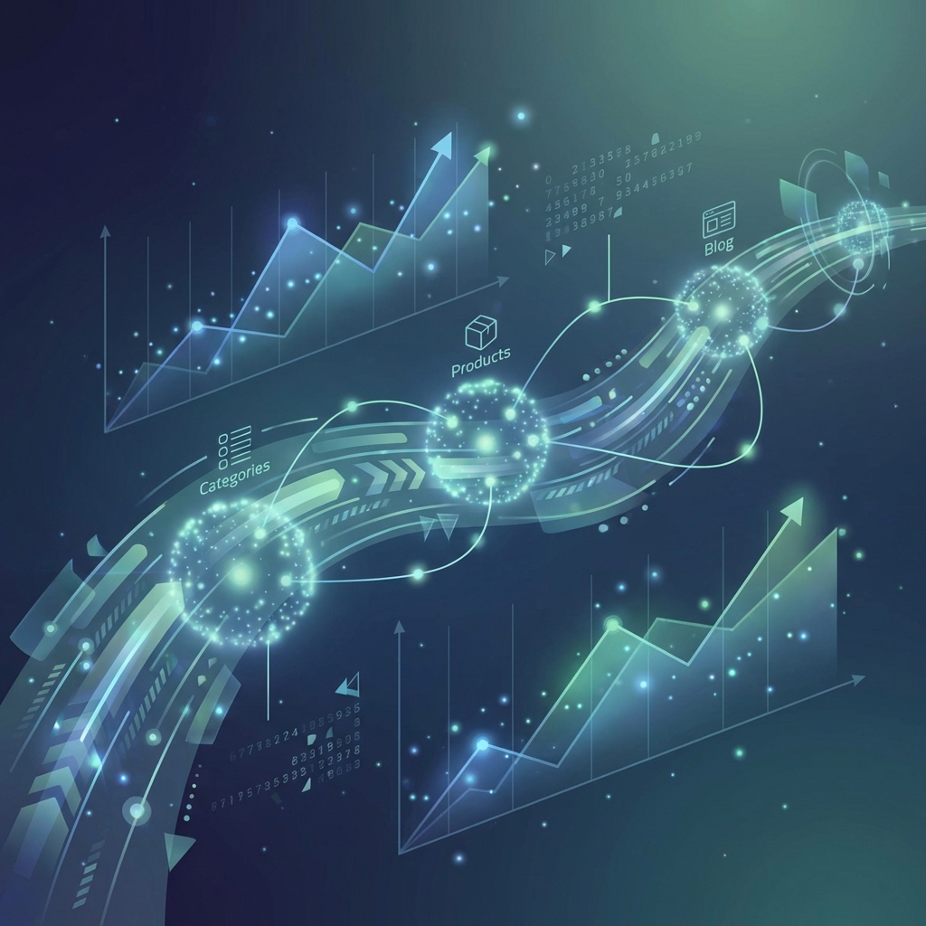 SEO automation for e-commerce brands illustrated as a glowing interconnected content pipeline dashboard