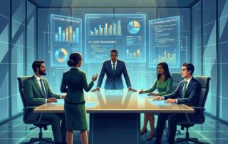 B2B buying committee evaluating AI content marketing platform options using data dashboards and decision frameworks