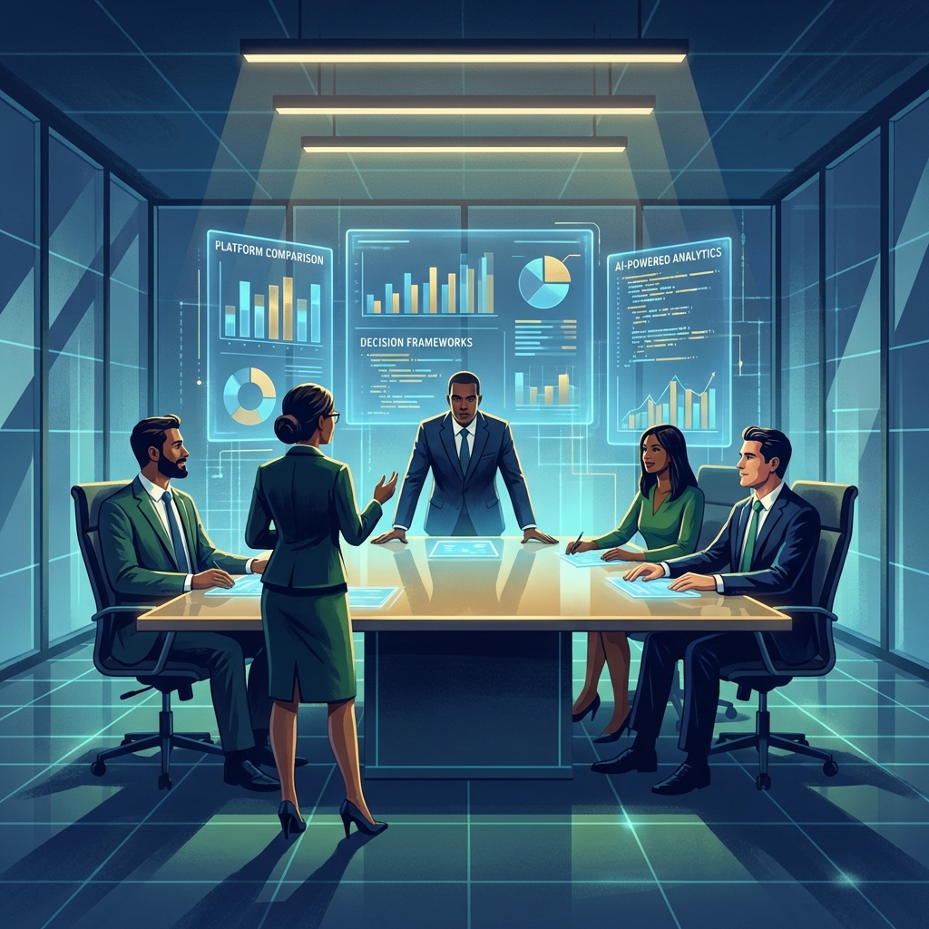 B2B buying committee evaluating AI content marketing platform options using data dashboards and decision frameworks