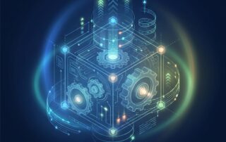 Illustrated content engine system showing interconnected nodes and upward data streams — how to build a content engine for your business