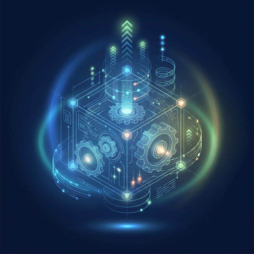 Illustrated content engine system showing interconnected nodes and upward data streams — how to build a content engine for your business