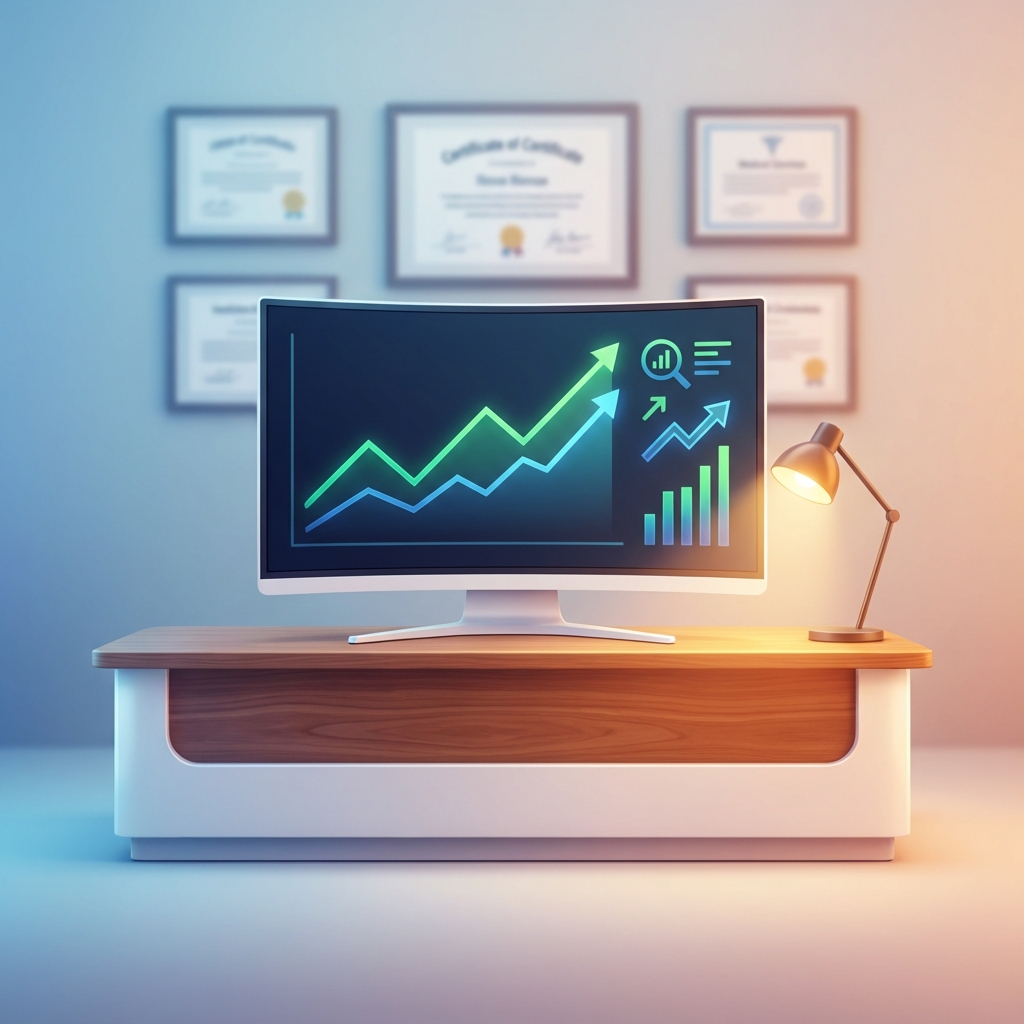 Modern medical practice with SEO analytics dashboard showing organic traffic growth for healthcare content strategy