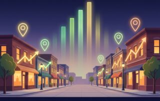 Illustrated local business street with rising search rankings, representing an SEO content strategy for local businesses